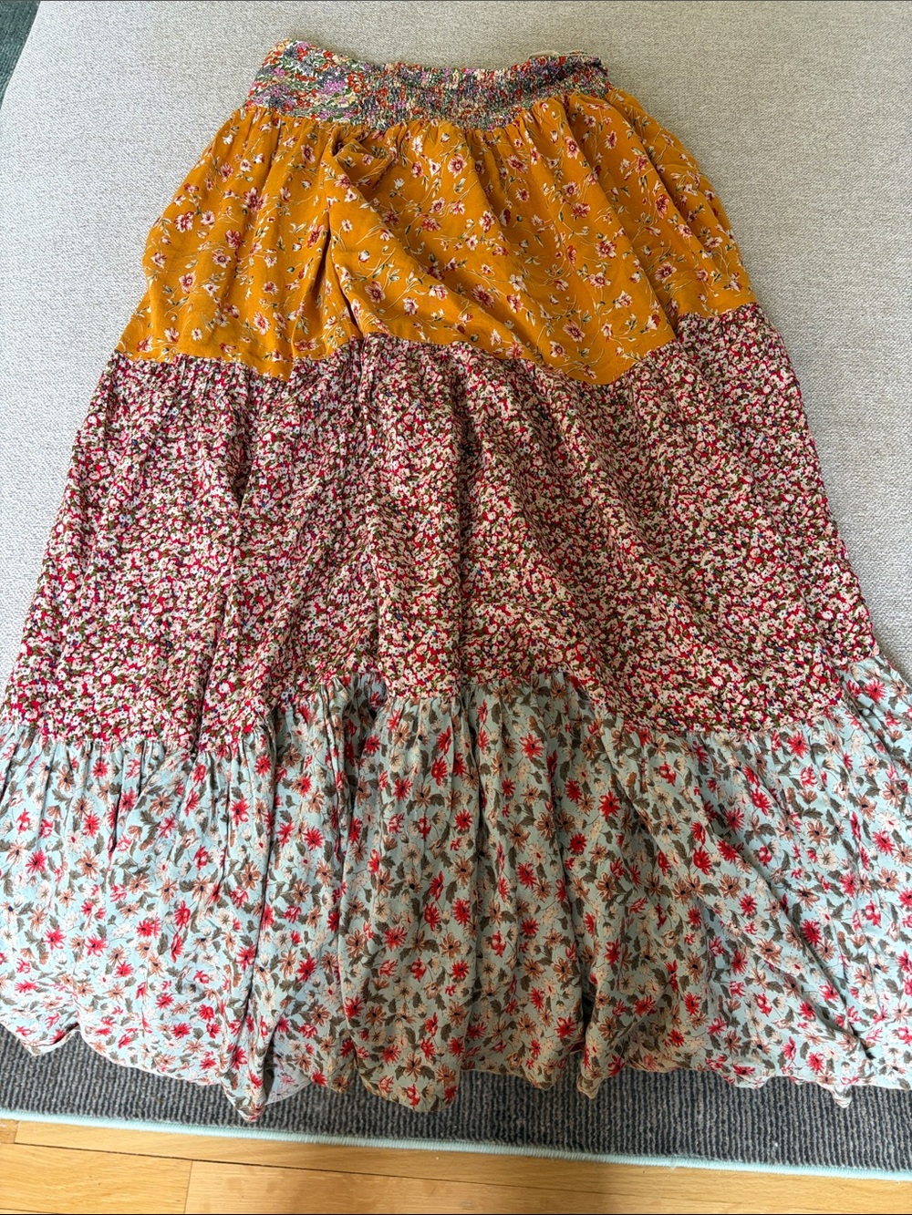 NATURAL LIFE Mixed Floral Tiered Maxi Skirt - Mustard, Red, Light Blue